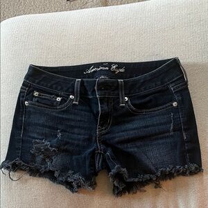 American Eagle Outfitters Dark Blue Distressed Frayed-Hem Denim Shorts